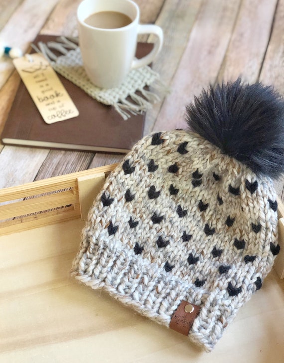 Knit Heart Beanie: Cream & Black Fair Isle With Faux Fur  display picture 1