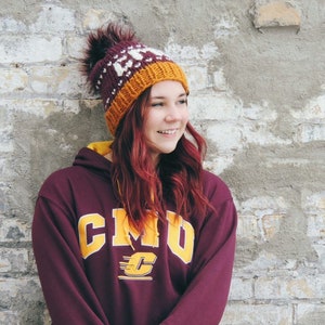 Custom CMU Beanie, Pompom Winter Beanie, Customized Knit Hat, Womens Knit Beanie, Central Michigan University, Custom College Hat Gift