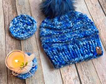 Ready to Ship Blue Knit Hat, Striped Pompom Beanie, Hand Dyed Wool Winter Hat, Womens Merino Wool Hat, Deluxe Blue Gray Hat, OOAK Knit Hat