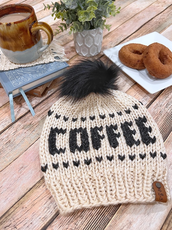 Coffee Beanie, Cream Knit Hat With Pompom, Tween/woman Size  display picture 2