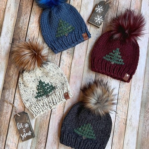Rustic Christmas Tree Pompom Beanie, Warm Winter Hat, Women's Fall Winter Fashion, Knit Tree Beanie, Fair Isle Christmas Tree Hat