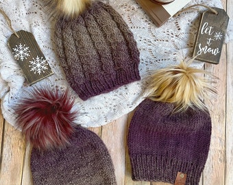 Purple Ombre Knit Beanie, Pompom Knit Beanie, Womens Knit Beanie, Warm Knit Hat, Tween Teen Warm Winter Hat
