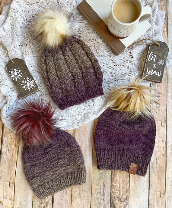 Purple Ombre Knit Beanie With Faux Fur Pompom - Etsy display picture 2