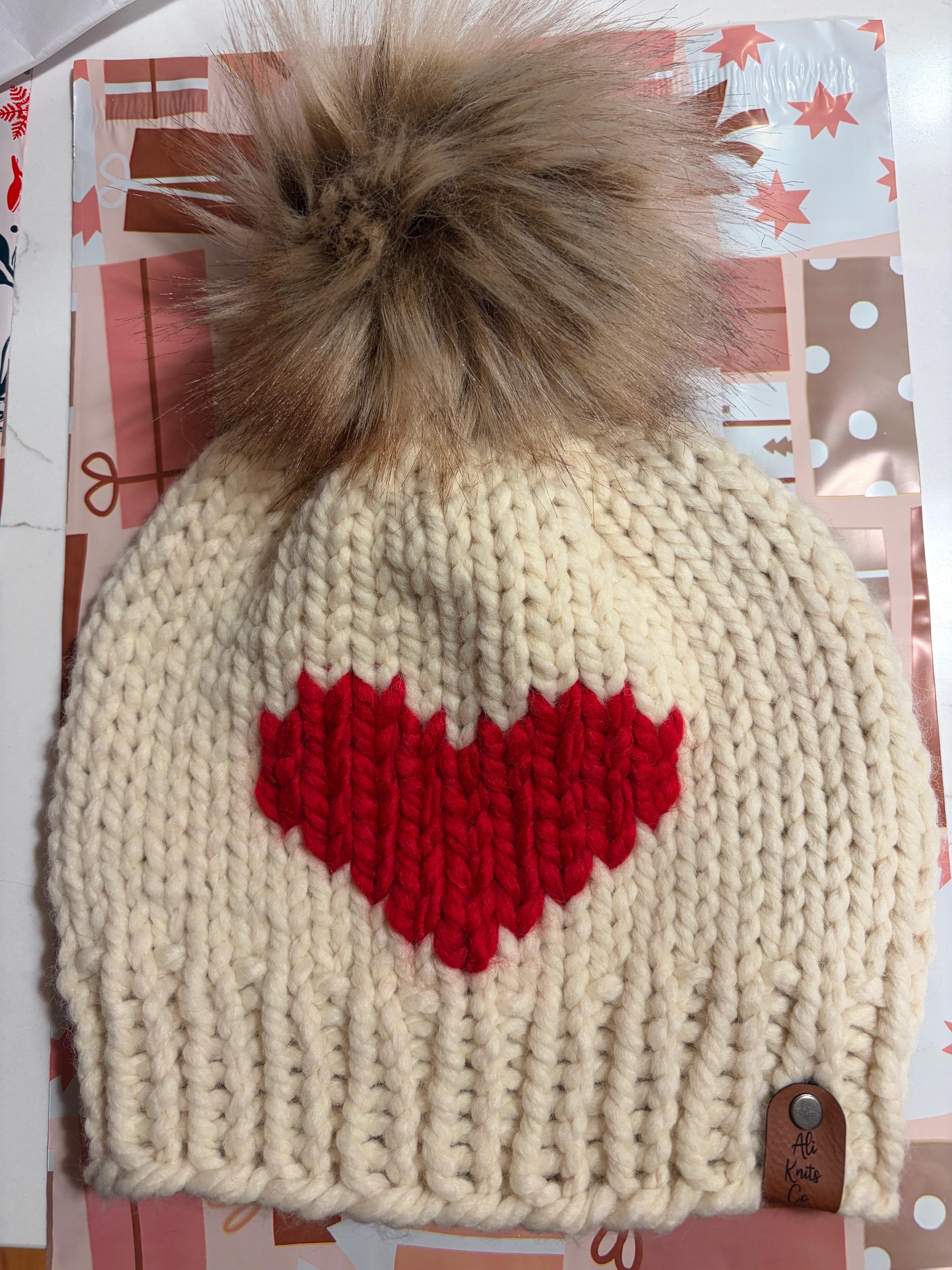 New Custom Designed Beige Cashmere Wool Pom Beanie with Red Heart with Button. Heart Beanie w/ Pom – Bodoke Kids Boutique main image 2