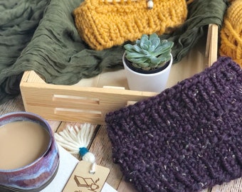 Knit Badlands Ridged Cowl, Stripe Cowl Scarf, Dog Walking Apparel, Cozy Birthday Gift, Back to School Earwarmer, Wife Christmas Gift