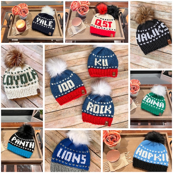 Custom College High School Beanie, Pompom Winter Beanie, Customized Knit Hat, College Knit Beanie, School Spirit, Custom University Hat Gift