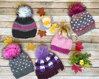 Girls Warm Winter Hat, Children Knit Beanie, Child Pink Knit Hat, Fair Isle Pompom Hat, Sledding Hill Gear for Kids, Purple Plaid Hat