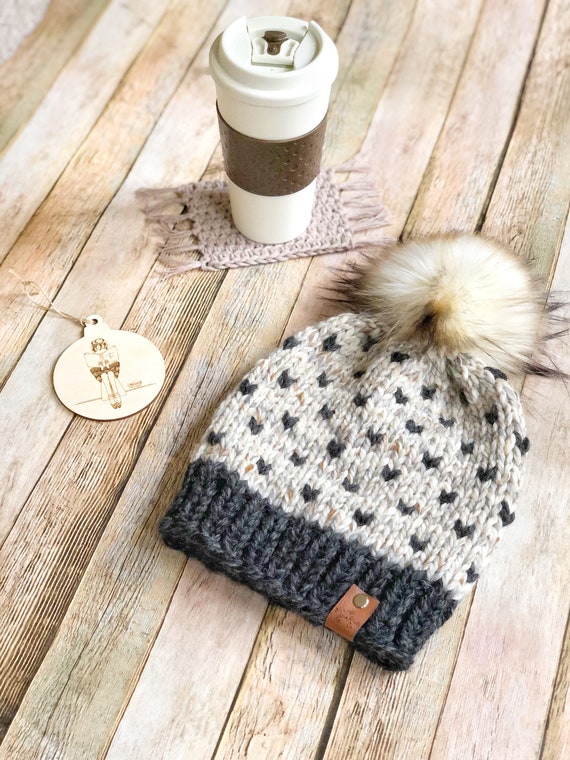 Brown and Gray Knit Hat with Pom-Pom Brown/Bronze Mix with Gray Accent- Merino Wool Knit Hat with  main image 2
