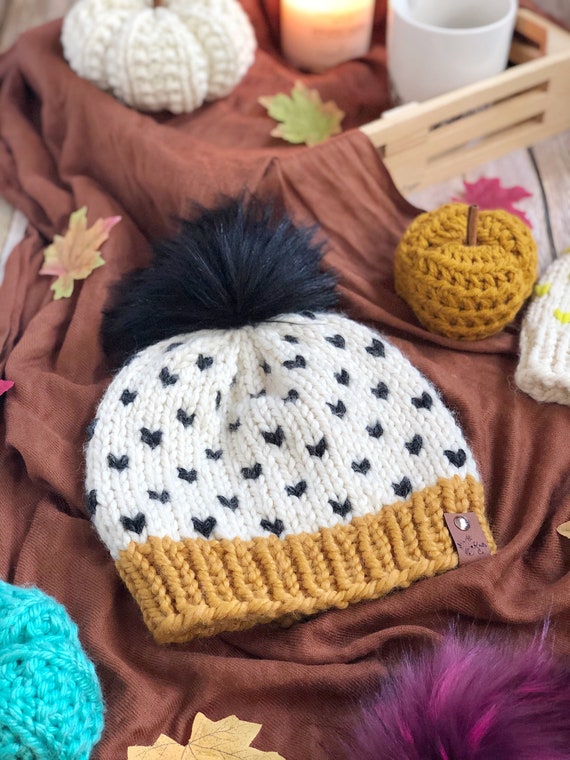 Handmade Wool Knit Beanie Hat Pom Pom Fair Isle Pattern Cream Red Blue Yellow Cream Fair Isle Merino Wool Beanie: Knitted Pom Pom Winter  main image 4