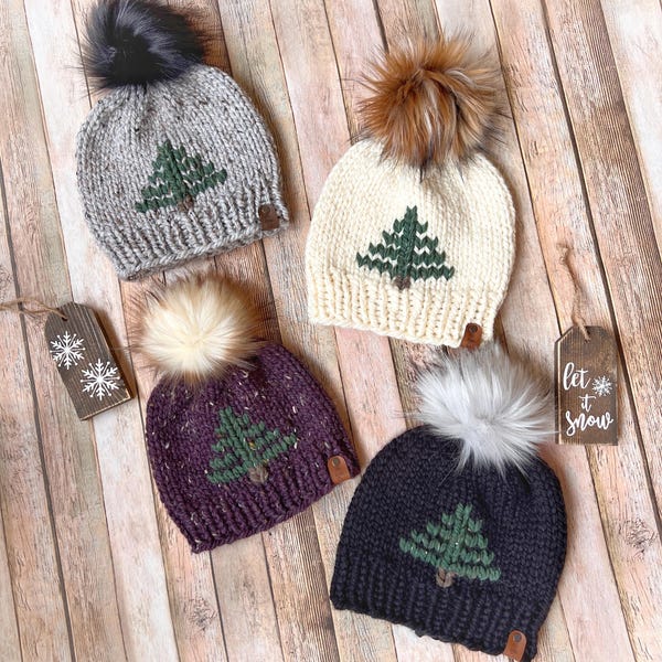 Rustic Knit Christmas Tree Beanie, Pompom Winter Hat, Custom Colors