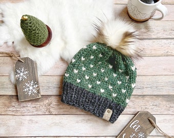 Green Knit Fair Isle Beanie: Wool Blend Winter Hat with Faux Fur Pompom