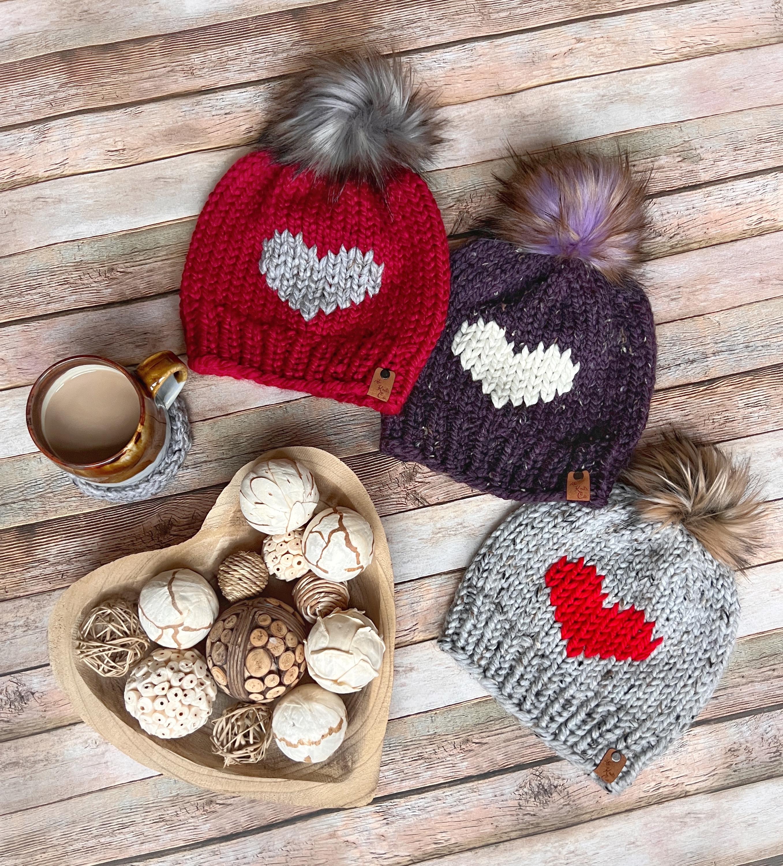 New Custom Designed Beige Cashmere Wool Pom Beanie with Red Heart with Button. Heart Beanie w/ Pom – Bodoke Kids Boutique main image 3