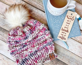 OOAK Pink Knit Hat, Striped Pompom Beanie, Hand Dyed Wool Winter Hat, Womens Wool Hat, Deluxe Pink Gray Yarn Hat, Cozy Winter Gear