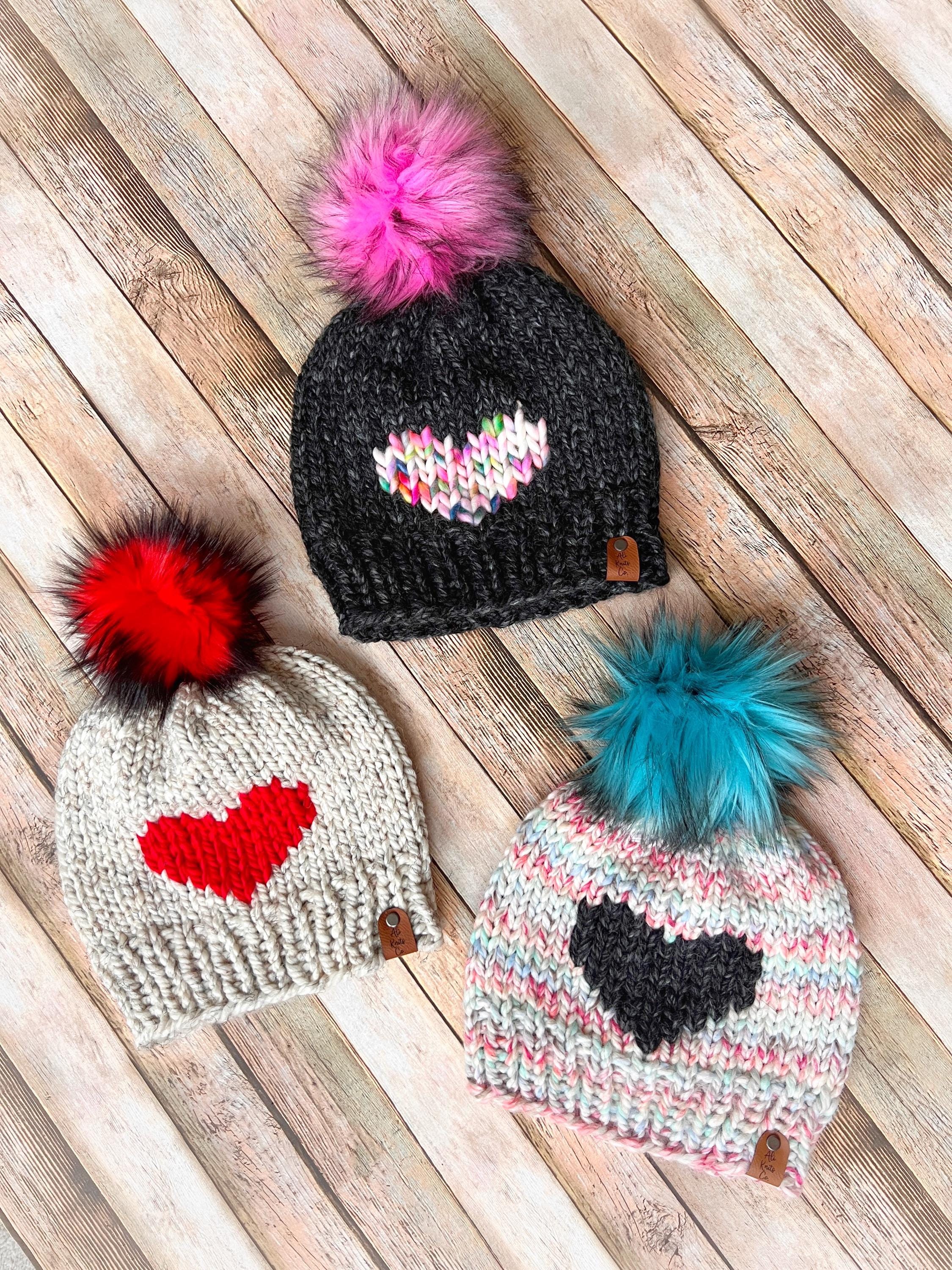 Custom Knit Heart Beanie: Winter Pompom Hat, Valentine - Etsy