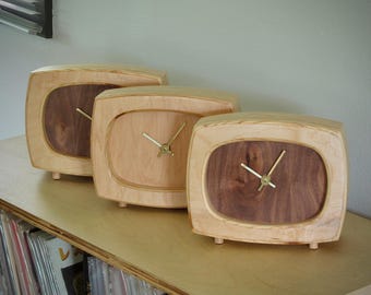 Hand-crafted Retro TV Shelf Clock, Layered Wood, Midcentury Modern Design, USA Quartz Movement