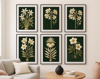 Vintage Blumendrucke Set, dunkelgrüne botanische Wandkunst (digitaler Download)
