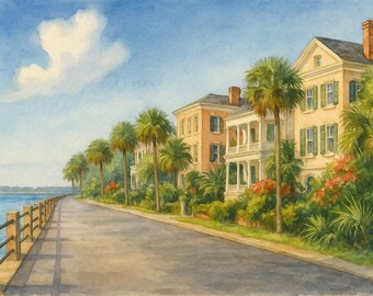 Charleston Battery Watercolor Print, Southern Coastal Wall Art (Digital Download)