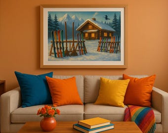 May include: A framed winter landscape painting hangs above a beige sofa with colorful pillows. The painting depicts a snow-covered cabin, mountains, and skis. A witch flies in the sky. A vase of flowers and books are on the table.