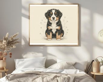 Bernese Mountain Dog Puppy Art Print: Nursery Decor (Digital Download) Watercolor Pet Portrait Berner Swiss Mountain Dog