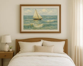Impresión de velero en acuarela, arte mural náutico costero (descarga digital)