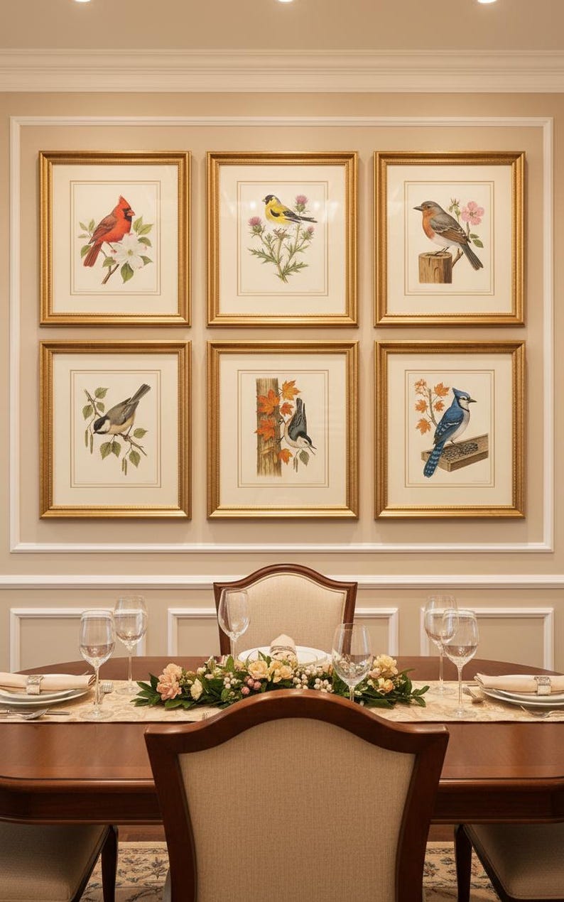 Vintage Bird Prints Set, Botanical Wall Art, Framed Bird Illustrations ...
