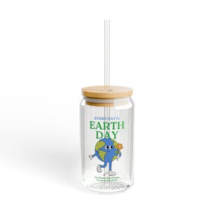 Vaso de vidrio de 16 oz del Día de la Tierra, Vaso sostenible, Vaso ecológico, Regalo ambientalista, Vaso reutilizable, Reduce, Reutiliza, Recicla