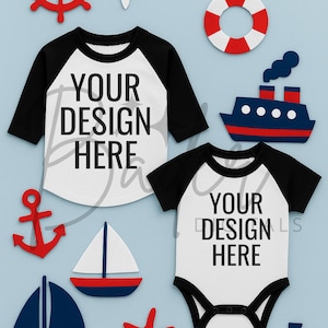 Maritimes Baby & Kleinkind Shirt Mockup PNG | Rot Weiß Blau Boot Thema | Baseball Tee flach liegend digitaler Download
