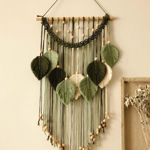 Boho Leaf Macrame Wall Hanging: Handwoven Cotton & Wooden Beads
