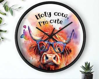 Holy Cow I'm Cute" Watercolor Highland Cow Wall Clock - Farmhouse Decor & Funny Gift