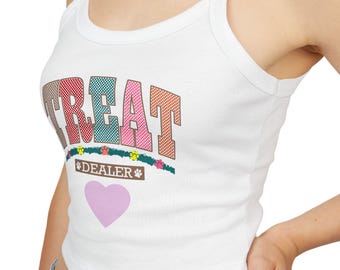 Camiseta divertida de tirantes finos para mujer - "Treat Dealer" - Perfecta para fiestas de verano y ropa informal