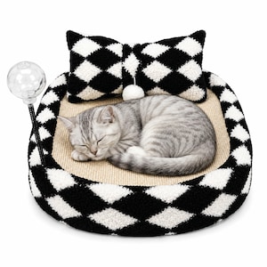 FurSo Cat Scratcher Bed – Sisal Lounge with Treat Ball, Plush Pillow & Toy | Diamond Pattern Cat Scratching Bed for Indoor Cats