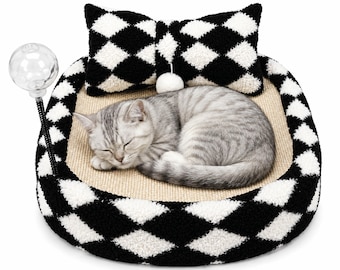 FurSo Cat Scratcher Bed – Sisal Lounge with Treat Ball, Plush Pillow & Toy | Diamond Pattern Cat Scratching Bed for Indoor Cats
