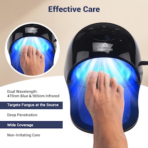 May include: Black and blue foot care device with the text "Effective Care" and "AURAGLARE". The device emits blue light, targeting fungus. The image also shows a foot inside the device.