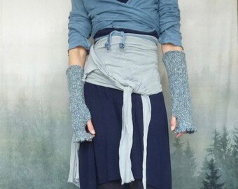 Leda Snow Gauntlets, morning sky blue shade, hand knitted fingerless mittens, arm warmers in winter cotton with pretty picot edging
