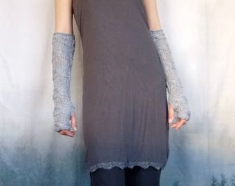 Lovey Dove Arm Warmers, hand knitted in soft, wool mix yarn, above elbow, cable knitting stitch, dove silver grey gauntlets, comforting