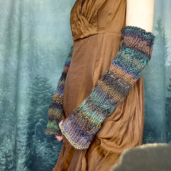 Slow Autumn Sleeves, in fall colours, fingerless gloves, arm warmers, extra long, cable stitch