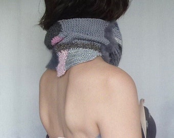 Cloud Patchwork Cowl, hand knitted, hand sewn neck wrap, cowl, collar, one-of-a-kind, natural grey yarns with pops of pink yarns, unisex