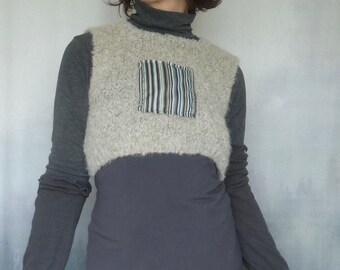 Black Aqua Bodice, hand knitted bodice in gray wool and alpaca yarn with Liberty of London stripe cotton panel, unisex, ready-to-ship