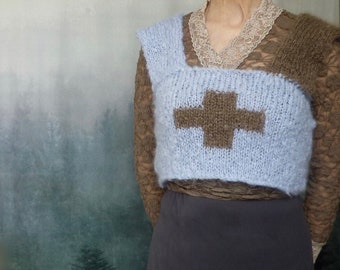 Sky + Earth Positive Bodice, hand knitted, natural, sky blue and brown mohair yarn, READY TO SHIP