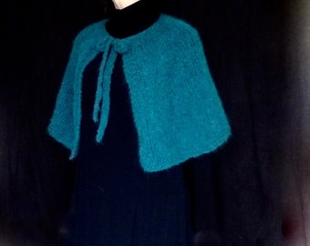 Cocoon Shoulder Cape, capelet, carriage cape, hand knitted in luxurious, ultra-soft, teal-green brushed alpaca and merino wool yarn