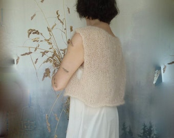 Angelic Tendencies Bodice, hand knitted sleeveless top in blush beige mohair, a fine layer of floaty loveliness