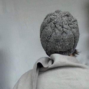 May include: A gray knitted beanie with a cable knit pattern. The beanie is worn by a person with a gray scarf wrapped around their neck.