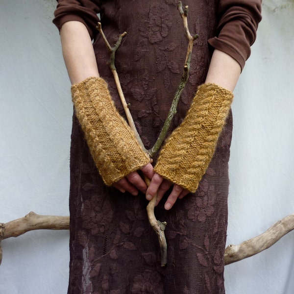 Twig Warmers, hand knitted in golden brown wool mix yarn, cable stitch