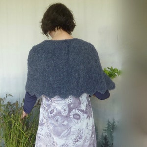 Atlantic Waves Capelet, hand knitted cape with scalloped edge in mid blue wool and alpaca mix yarn (also seen in Outlander)