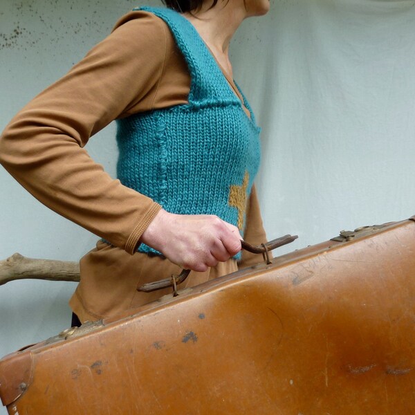 Positive Bodice, hand knitted, blue and caramel wool mix yarn, Ready to Ship
