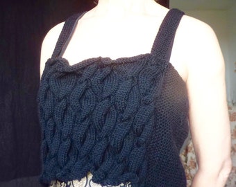 Shadowplay Bodice, hand knitted in soft, black, pure merino yarn, abundant cables, cropped, works on many body sizes, Ready-to-Ship