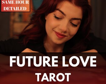 May include: Image of a woman with red hair, smiling, with text that reads "FUTURE LOVE TAROT READING". The image also includes the text "SAME HOUR DETAILED" in a red box.