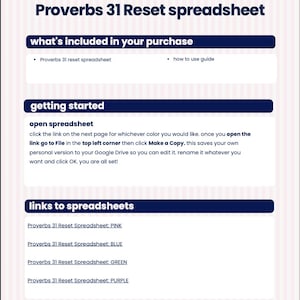 以下が含まれることがあります： 薄いピンクのストライプ背景に「Proverbs 31 Reset spreadsheet」と題されたデジタル文書。内容物、開始手順、ピンク、青、緑、紫の各スプレッドシートバージョンへのリンクが記載されたセクションが含まれています。