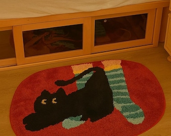 Tufted Cat Rug: Red Acrylic, Anti-Slip Backing, Whimsical Home Decor