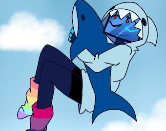 May include: Cartoon illustration of a character in a shark hoodie hugging a shark. The character is wearing black shorts, dark blue leggings, and rainbow-colored boots. Text at the top reads "SLEEPY VOX UP FOR PREORDER!!" against a blue sky background.